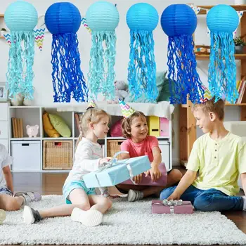 Подвесные бумажные фонарики в стиле русалки, декор для вечеринки в океане, 6 подвесных бумажных фонариков в виде медуз с длинными кисточками для душа ребенка