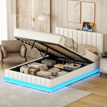 Полноразмерная кровать со светодиодной обивкой для молодежи, взрослых, современная кровать-платформа с гидравлической системой хранения, светодиодной подсветкой, розетками и USB-портами