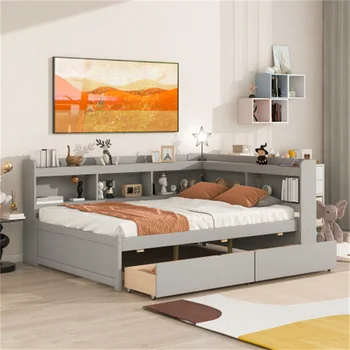 Полноценная кровать С L-образными книжными шкафами, выдвижными ящиками, проста в сборке, долговечна И крепка, подходит для мебели для спальни 0