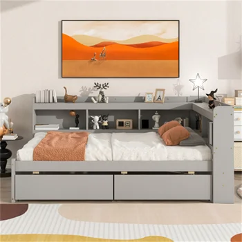 Полноценная кровать С L-образными книжными шкафами, выдвижными ящиками, проста в сборке, долговечна И крепка, подходит для мебели для спальни 1