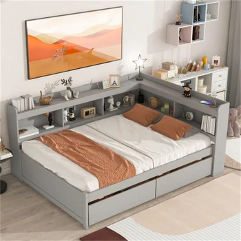 Полноценная кровать С L-образными книжными шкафами, выдвижными ящиками, проста в сборке, долговечна И крепка, подходит для мебели для спальни 2