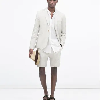 Последние модели пальто и брюк Кремово-белый мужской костюм, короткие брюки, льняные повседневные пляжные летние костюмы, приталенный смокинг из 2 предметов, Terno Vestidos