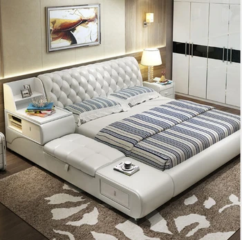 постмодернистская кровать из натуральной кожи/мягкая кровать/двуспальная кровать размера King/ queen size для спальни мебель для дома с ящиком для хранения и выдвижными ящиками