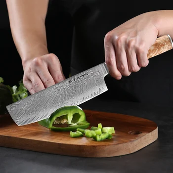 Профессиональный Кухонный нож TURWHO, Японский 7-дюймовый нож Nakiri, VG10, Япония, Инструменты для резки овощей шеф-повара из Дамасской нержавеющей стали 3