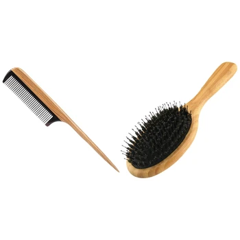 Расчески для волос -натуральный Мелкозубчатый деревянный гребень для хвоста и щетка для волос из кабаньей щетины, щетка для волос с нейлоновыми шпильками, бамбук 0