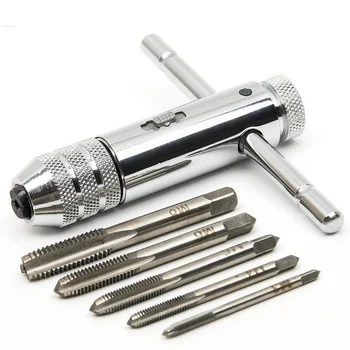 Регулируемый серебряный гаечный ключ с храповым механизмом с Т-образной ручкой и 5шт M3-M8 с резьбой 3 мм-8 мм, метрическая заглушка для машинного винта, Т-образный метчик