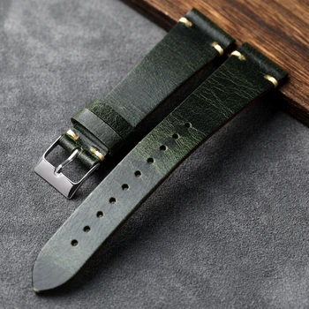 Ремешок для часов из промасленной воловьей кожи ручной работы 18 19 20 21 22 мм, зеленый Винтажный мужской Ультратонкий кожаный браслет в стиле ретро