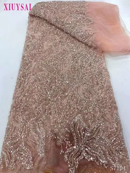 Розовая тяжелая кружевная ткань ручной работы из бисера, роскошное Свадебное платье 2023 года высокого качества, 5 ярдов блесток, Французский тюль, материал для платья