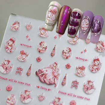 Розовый замок мечты для девочек, 5D Мягкие рельефные рельефы, самоклеящиеся наклейки для дизайна ногтей, Красная роза, единорог, 3D наклейки для маникюра.
