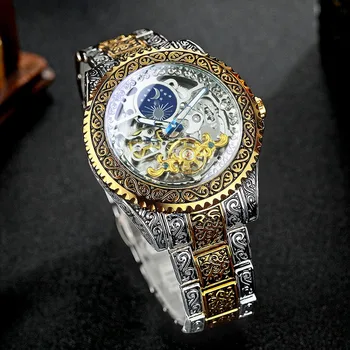 Роскошные мужские часы с турбийоном с автоматическим управлением, вращающийся безель, фаза Луны, механические часы с золотой гравировкой 