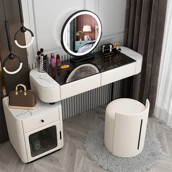 Роскошный Современный стол для макияжа из многоцветного дерева со светодиодным зеркалом, туалетный столик, Многофункциональный шкафчик, мебель для спальни, HY