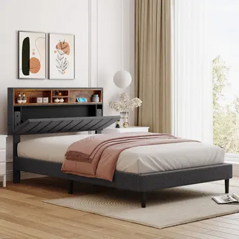 Серая Полноразмерная Мягкая Кровать-платформа с Изголовьем Для Хранения Вещей и USB-портом, Кровать с Обивкой из Льняной Ткани для мебели спальни