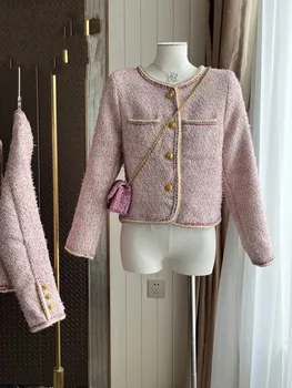 Французский элегантный пиджак из розового твида с небольшим ароматом Для женщин, уличная одежда, Шерстяное женское пальто в стиле пэчворк, верхняя одежда Casaco